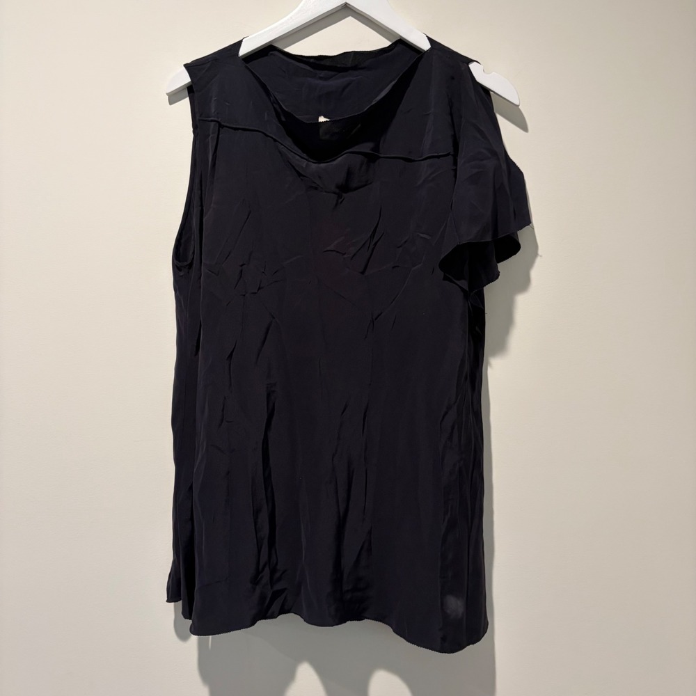 3.1 Phillip Lim Navy Blue 100% Silk Asymmetrical Flutter Sleeve Blouse Size 8